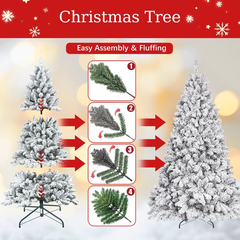 Flocked Artificial Christmas Tree - Snowy PVC Branches, Pine Cones, Metal Stand, Full Shape - Green,White