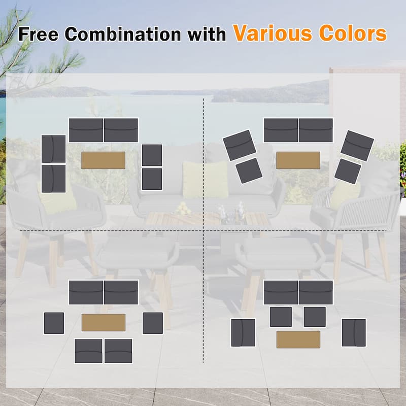 Merax 6-Piece Rope Patio Furniture Set, Outdoor Furniture With Acacia Wood Cool Bar Table With Ice Bucket, Deep Seat Patio Conversation Set With Two