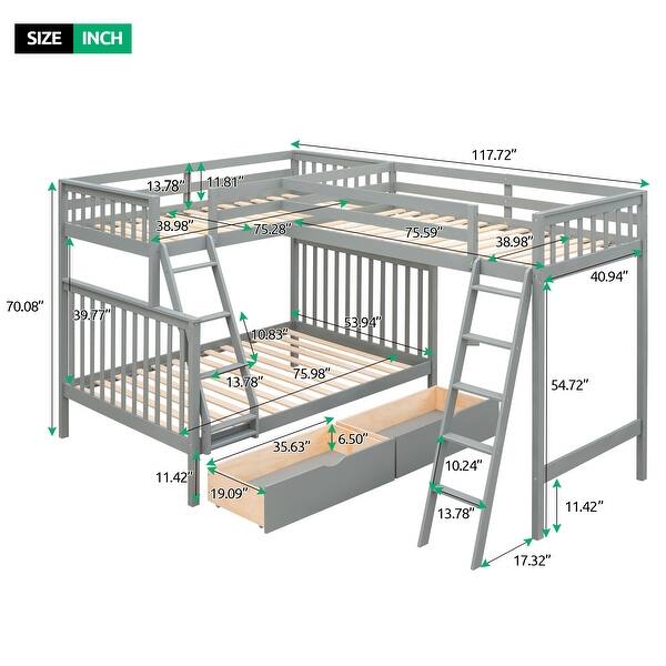 L-Shaped Twin Over Full Bunk Bed and Twin Size Loft Bed with 2 Storage ...
