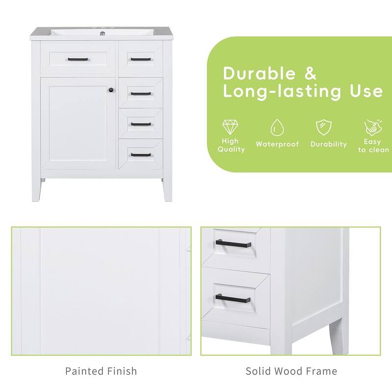 30" Solid Bathroom Vanity with Sink Set, Bathroom Cabinet with Drawers - White - With Sink