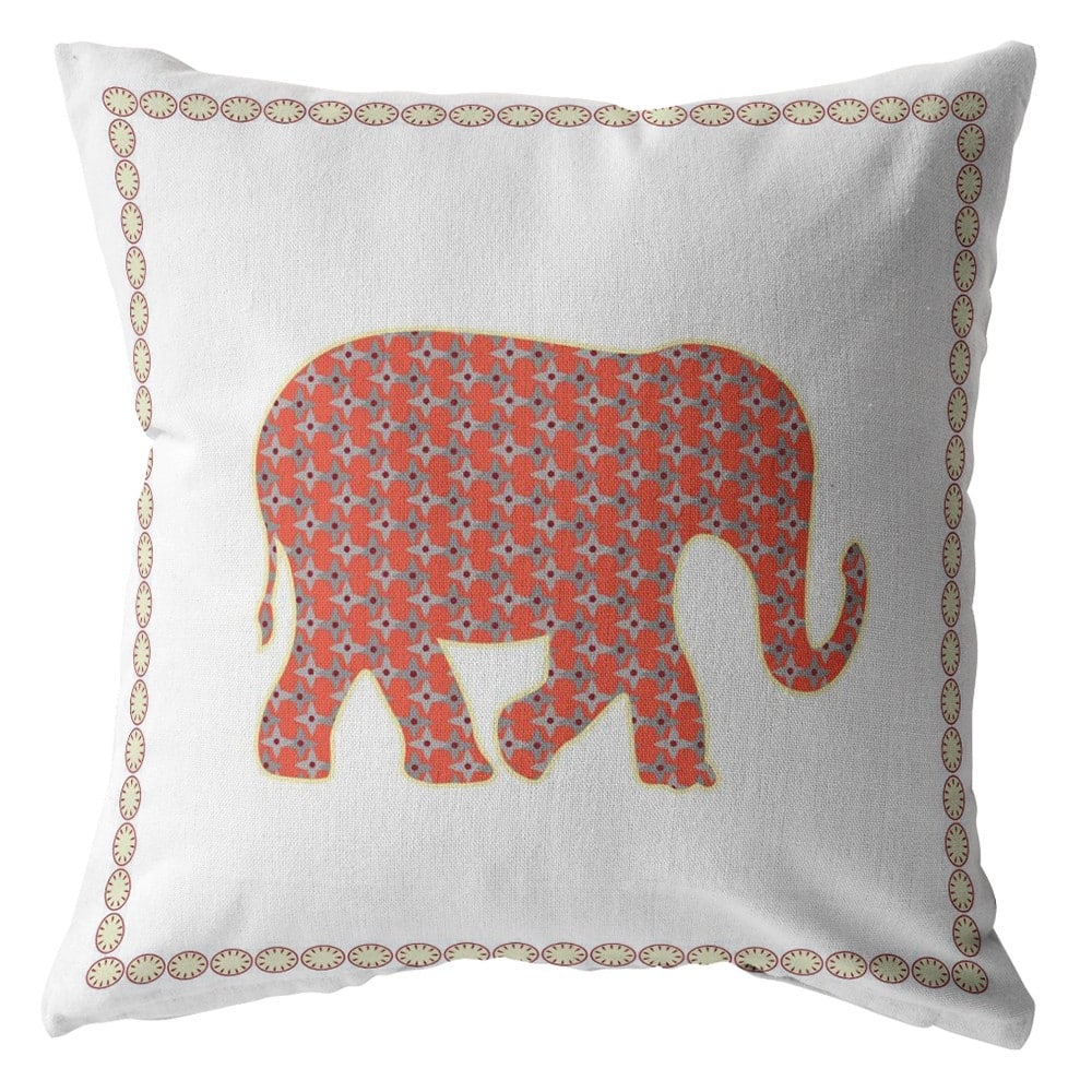 16" Orange White Elephant Zippered Suede Throw Pillow