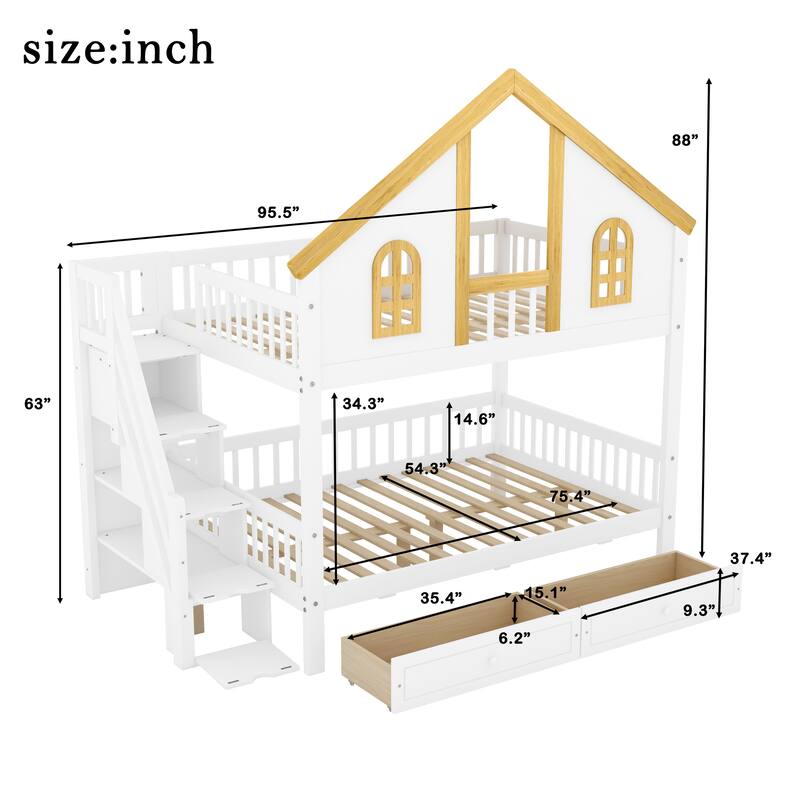 GDFStudio -DreamCottage Modern Wooden House Roof Bunk Bed with Storage Drawers and Staircase