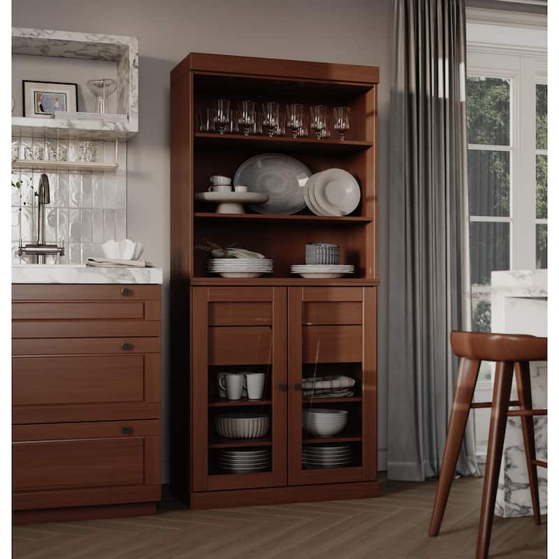 100% Solid Wood Kitchen Pantry Cabinet with 2 Clear Glass or Solid Wood Doors and 2-Drawer Organizer by Palace Imports