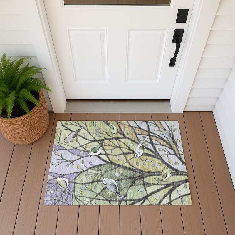 Machine Washable Indoor/ Outdoor Bird Mosaic Chantille Rug - Aloe - 1'8" x 2'6"