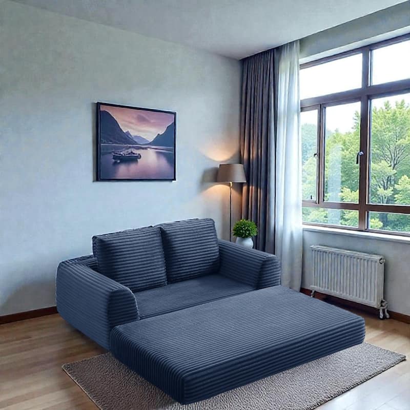 2 in 1 Folding Sofa Bed Loveseat, Corduroy Convertible Sleeper Couch with Pillows, Boneless Floor Futon