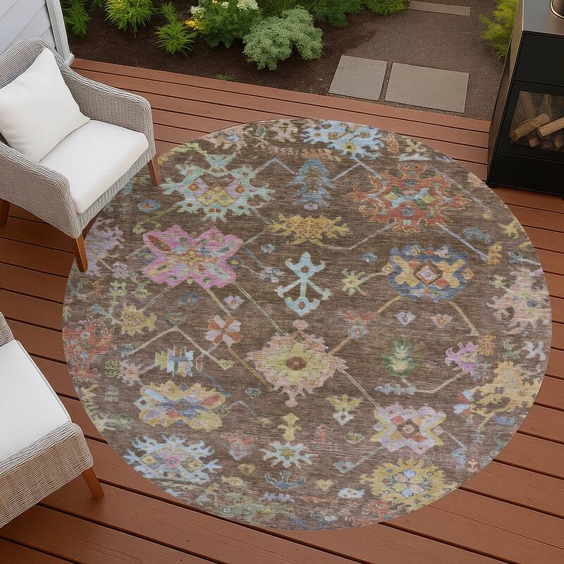 Machine Washable Indoor/ Outdoor Boho Traditional Chantille Rug - 8' x 8' - Brown