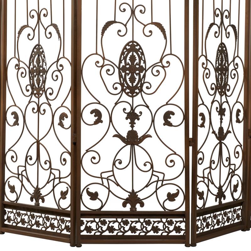Bronze Metal Hinged Foldable Arched Partition 5 Panel Partition Room Divider Screen with Relief Acanthus Design