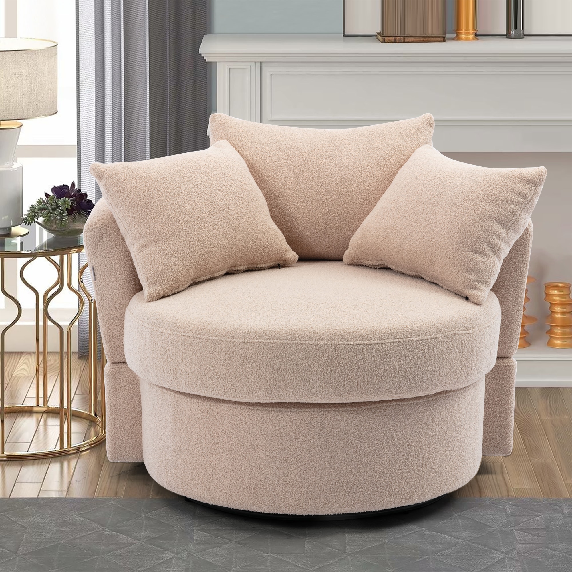 Tufted linen swivel barrel chair shop