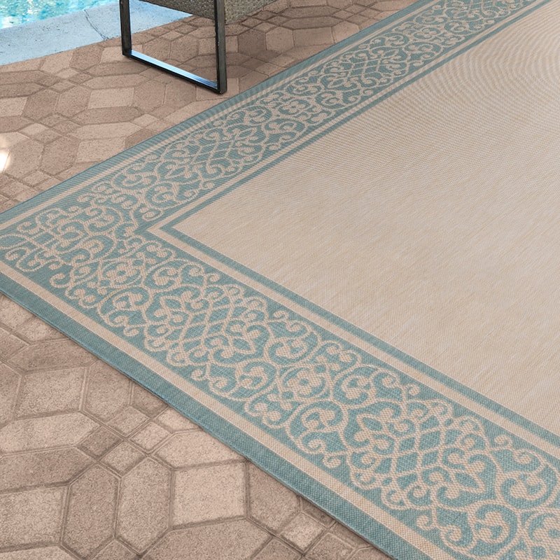 Gertmenian Paseo Tedo Oasis Blue Transitional Scroll Boarder Indoor/ Outdoor Area Rug