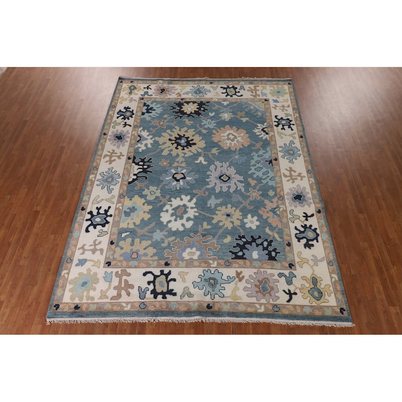 Floral Blue Oushak Oriental Area Rug Handmade Wool Carpet - 9'0"x 11'10"