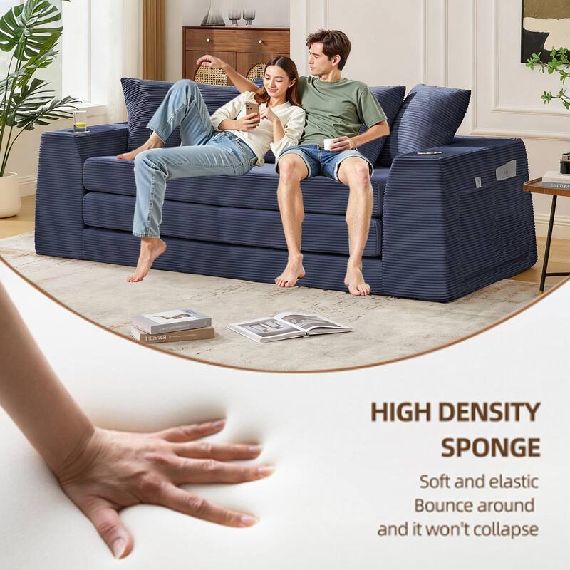 2 in 1 Convertible Sofa Bed, Sleeper Sofa with Storage Pockets, Pull Out Loveseat Couch with Two Cup Holders