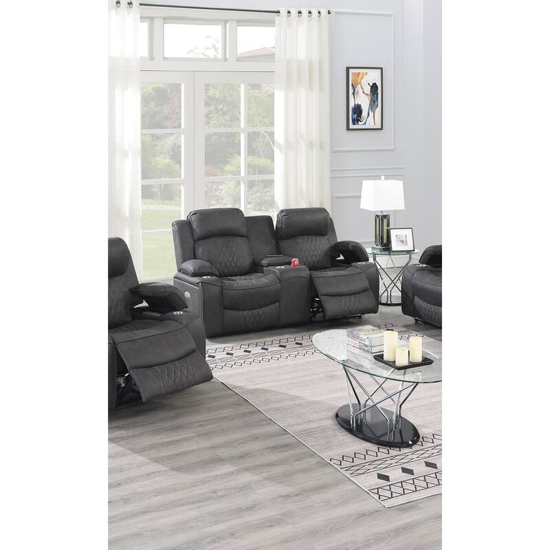 Contemporary Charcoal Gel Leatherette Power Motion Loveseat with Storage Arms and Cup Holder - Multi-Color