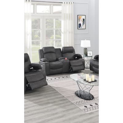Contemporary Charcoal Gel Leatherette Power Motion Loveseat with Storage Arms and Cup Holder