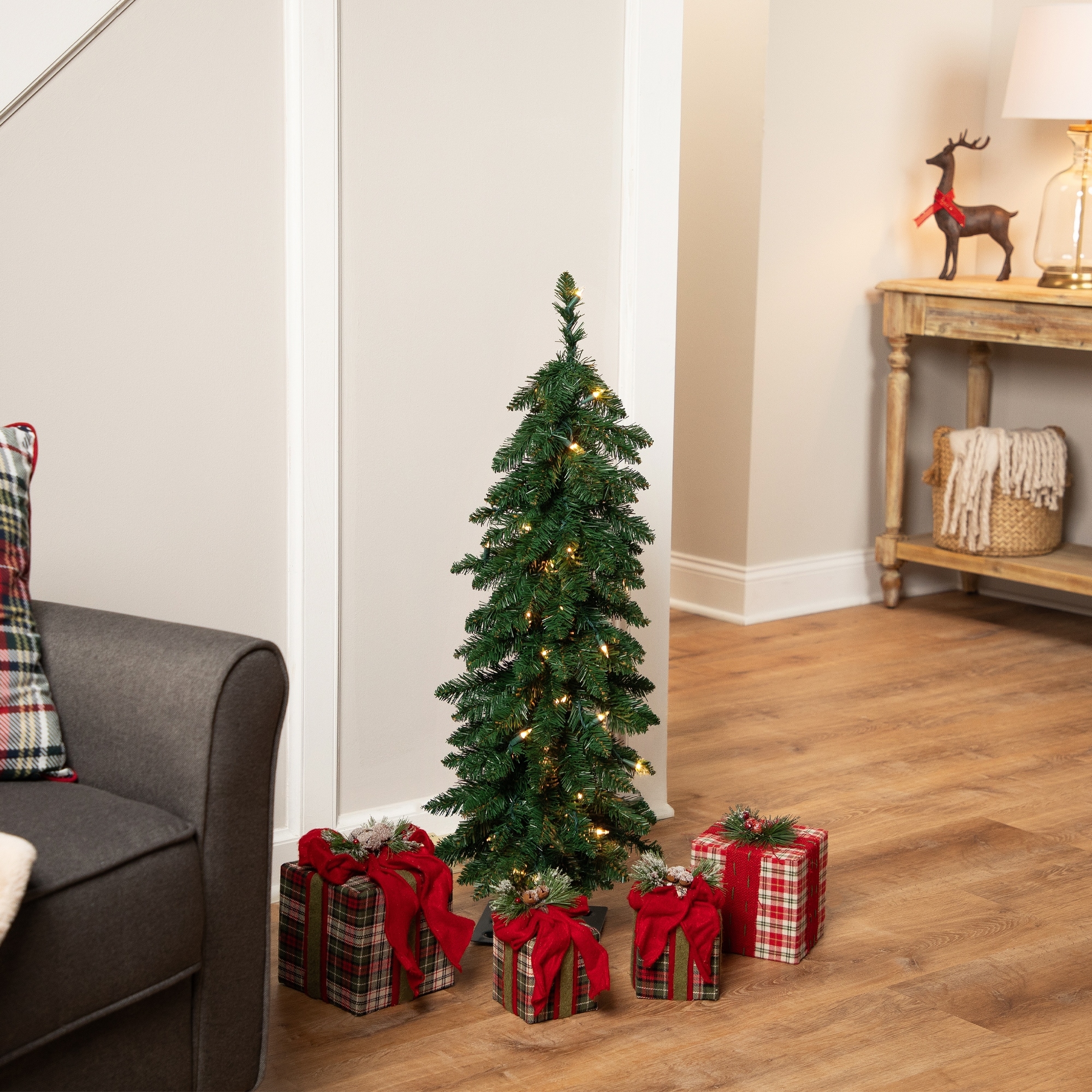 Pre-Lit Pencil Alpine Artificial Christmas Tree - 3' - Clear Lights - 3 Foot