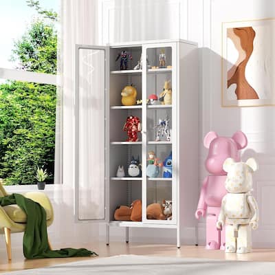 67'' Pantry Storage Cabinet Glass Display Sideboard Buffet Cabinet Curio Bookcase with Glass Doors and 4 Adjustable Shelves