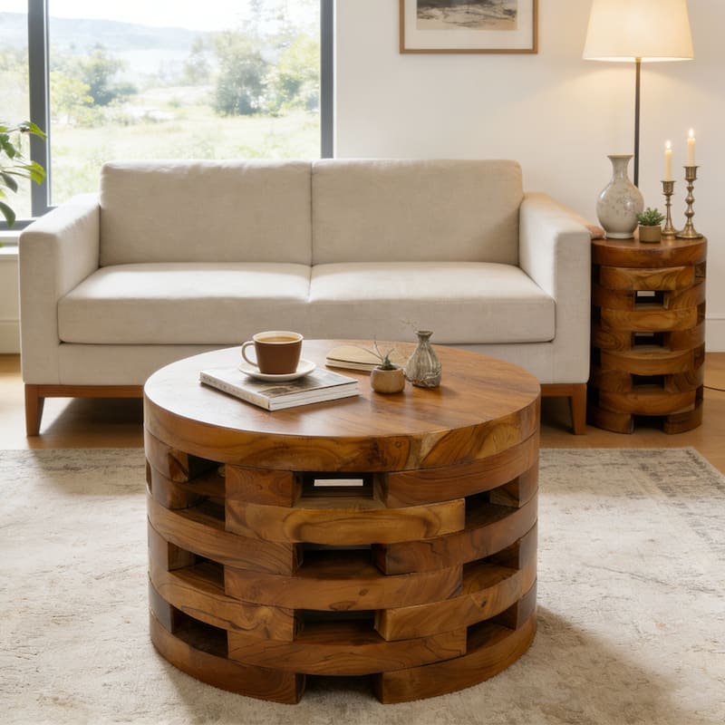 Handcrafted Brown Open Teak Wood Coffee Table Accent Side Table End Table - Middle - Natural