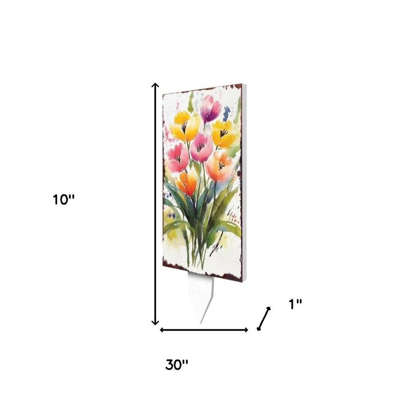 HomeRoots 10" Green Pink White And Yellow Solid Wood Tulips Garden Stake