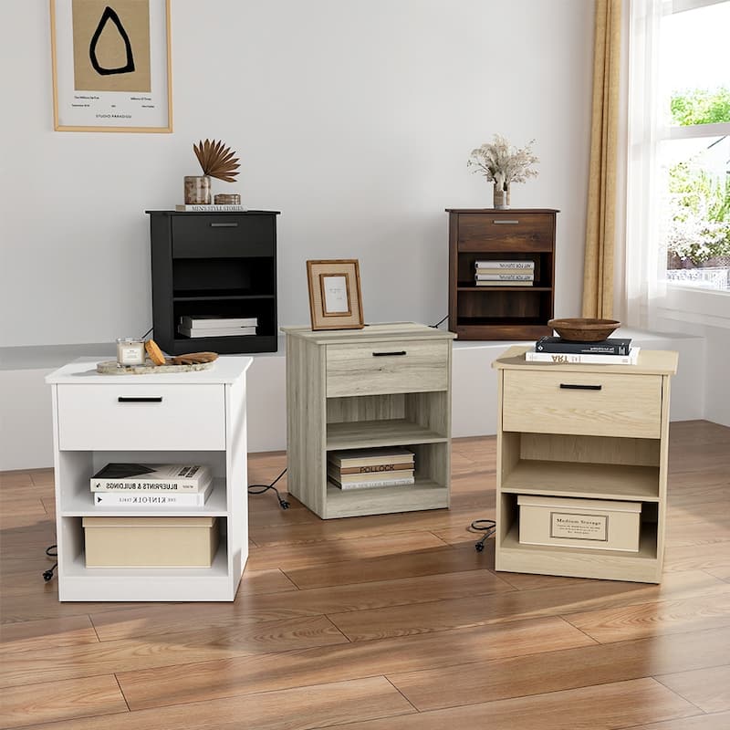 Nightstand with Charging Station,2 USB,Type C,Drawer,Adjustable Shelf
