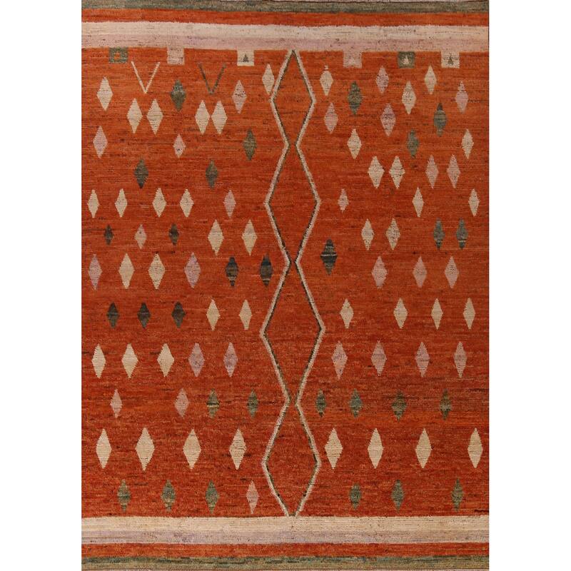 Orange Moroccan Oriental Large Rug Hand-Knotted Wool Carpet - 10'2" x 13'10"