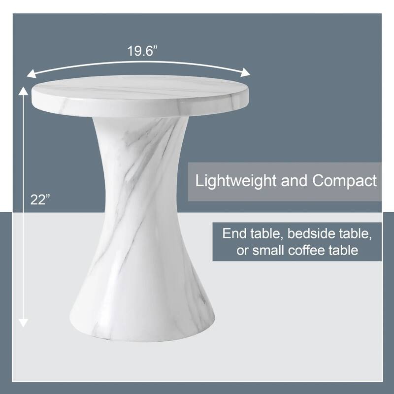 Isidra 19" Round Fiberstone Side Table with Marble-Inspired Finish and Flared Pedestal Base