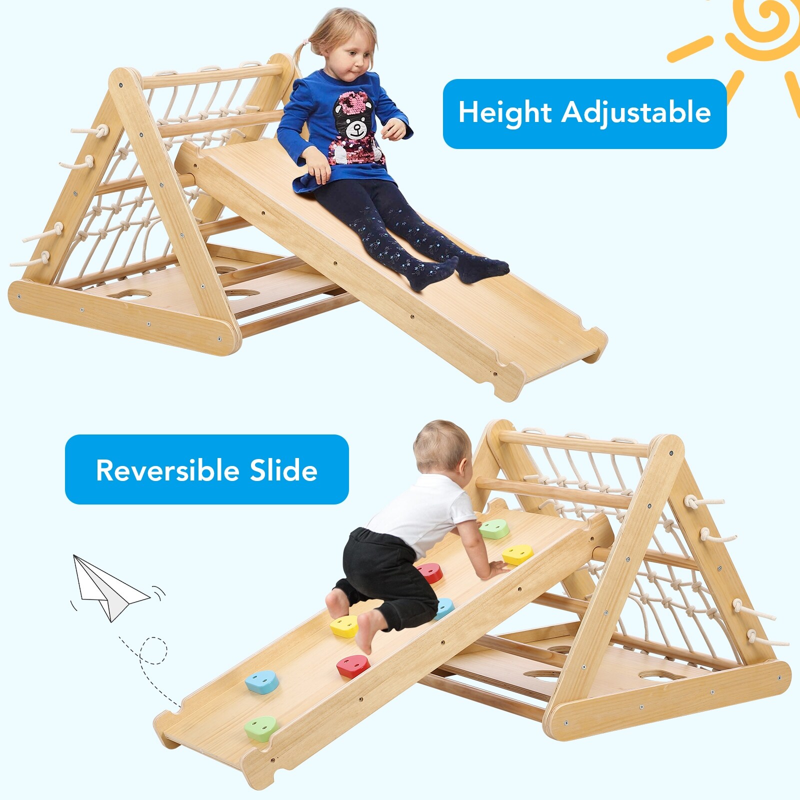 GIMMYFIVE 3 in 1 Wooden Climbing Toys,Kids Indoor Gym Playset, 3