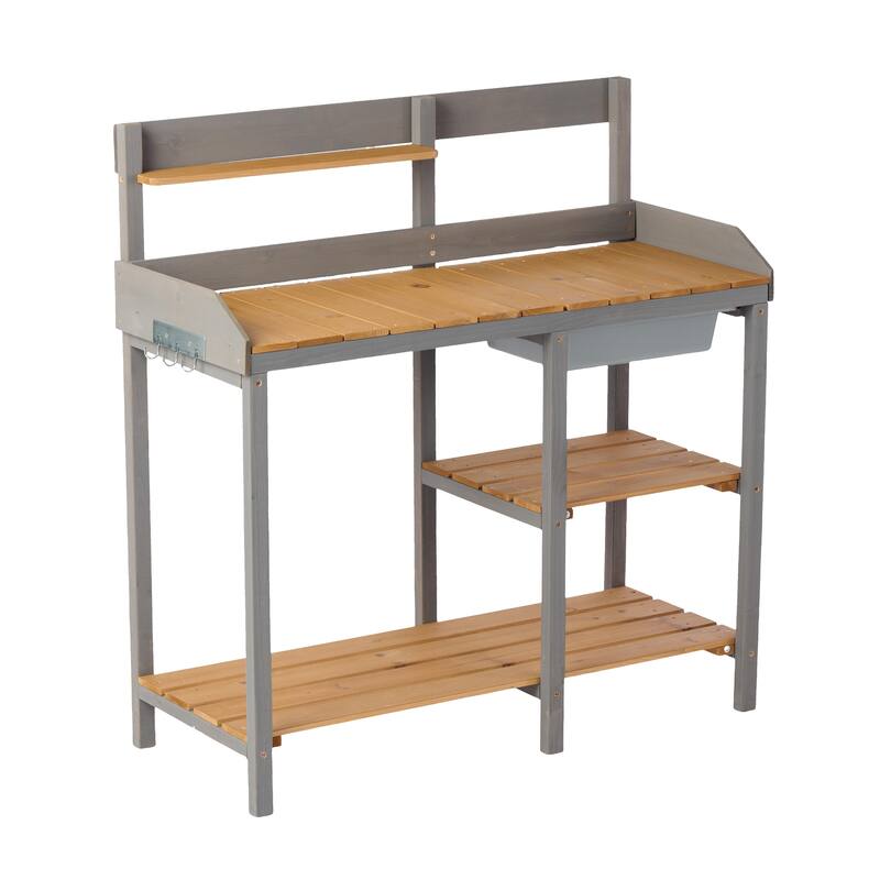 GDF Studio - Outdoor Solid Wood Potting Bench with Sink and Storage Garden Workstation