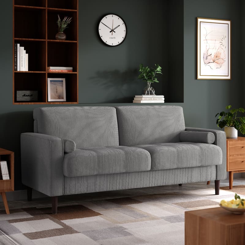 Modern Corduroy Upholstered 2 Seater Sofa with Bolster Pillows - Light Grey