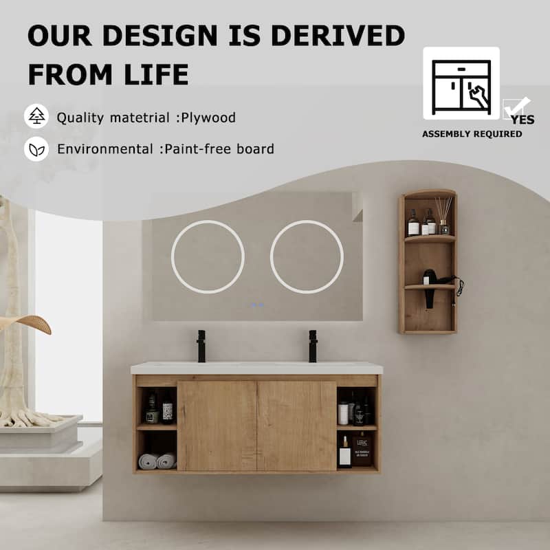 Wall-Mounted Bathroom Vanity With Double Sink and Storage Rack