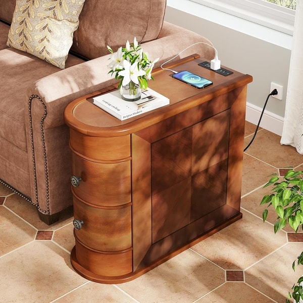 slide 2 of 10, Solid Wood Chairside End Table, Two-Drawer Narrow Side Table Slim 1PC-with Outlet - Brown