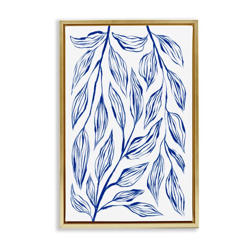 Stupell Simple Blue Leaves on White Framed Floater Canvas Wall Art Design By Martina Pavlova - 17 x 25 - Gold