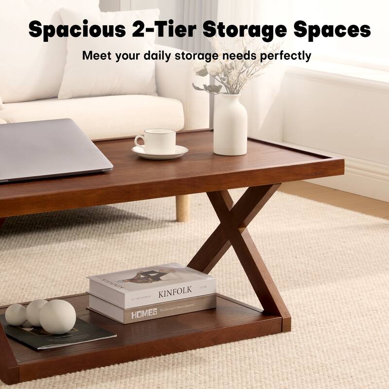 2-Tier Rectangular Solid Oak Wood Coffee Table with Cross Legs - 40.23"L x 21.17"W x 16.54"H