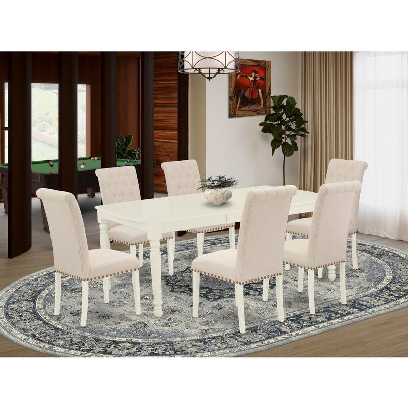 7Pc Dinette Set - Rectangular Kitchen Table with Leaf & 6 Parson Chairs - Linen White & Beige - 78