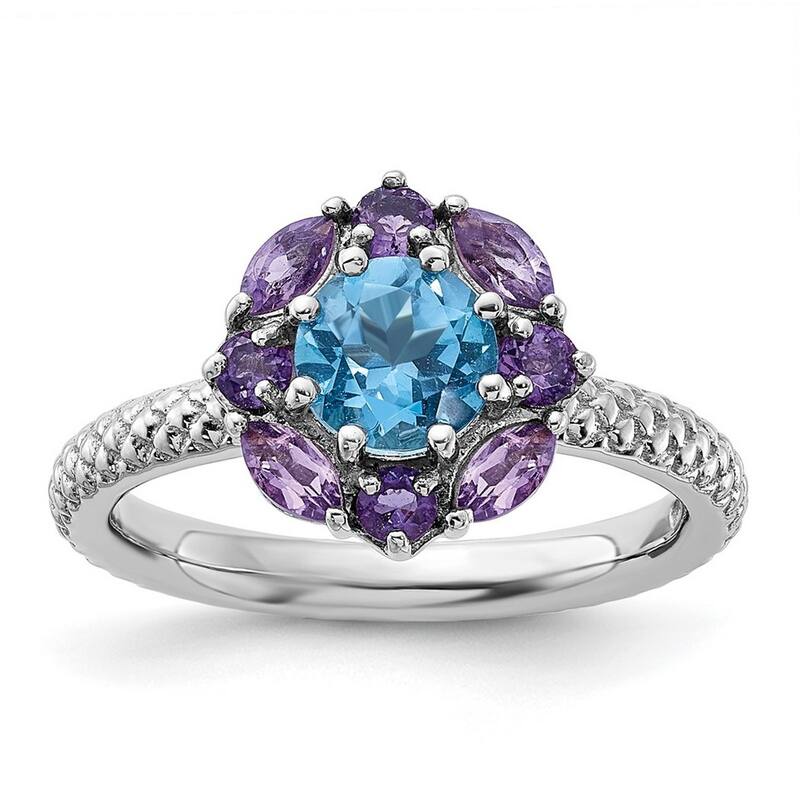 Curata 2.5mm 925 Sterling Silver Polished Prong set Stackable Expressions Amethyst and Blue Topaz Ring