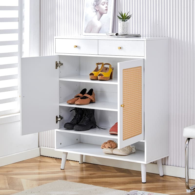 Roomfitters Rattan Storage Cabinet with Minimalist Design, Versatile Organizer for Entryway and Living Room, White - White