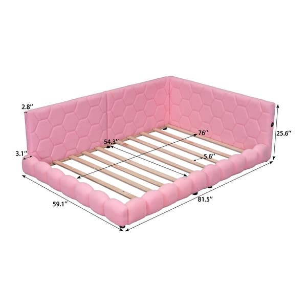 Full Size Pink Platform Bed w/ USB Ports Daybed & LED Upholstered Bed