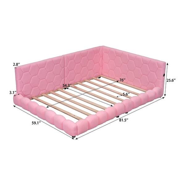 Pink Full Size Upholstered Platform Bed with USB Ports and LED Belt