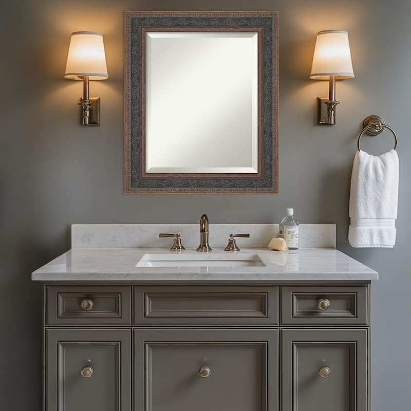 Attic Aged Beveled Wood Framed Bathroom Vanity Wall Mirror