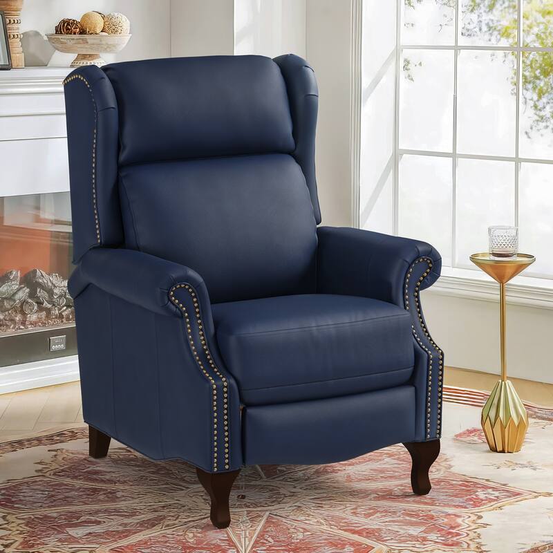Push Back Genuine Leather Recliner Chair,Modern Recliner Sofa With Adjustable Backrest And Single Chair For Living Room - Navy
