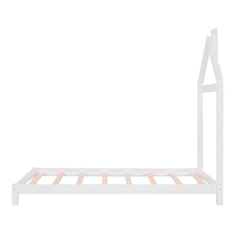 Wood Platform Bed with House-Shaped Headboard