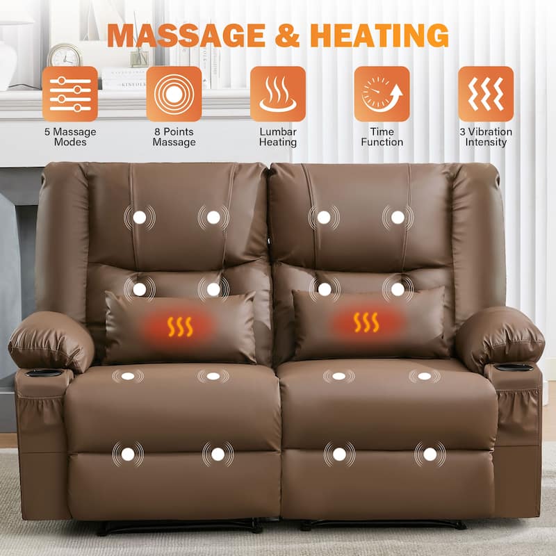 Manual Recliner Loveseat with Massage & Heating, Cup Holders & Side Pocket for Living Room