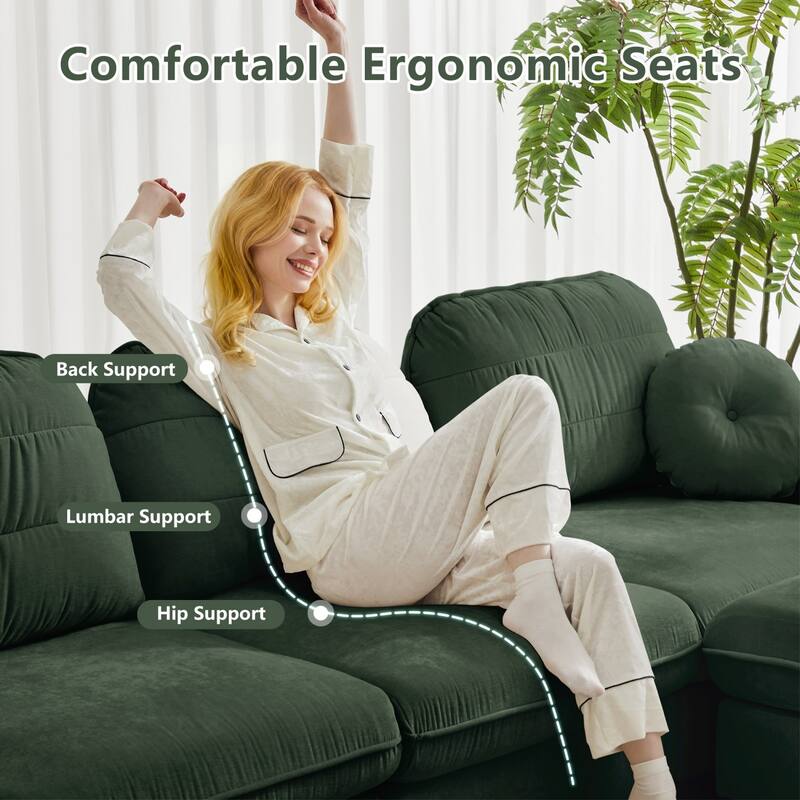 105" Chenille Sectional Sofa with 2 Round Pillows and 2 Movable Ottomans