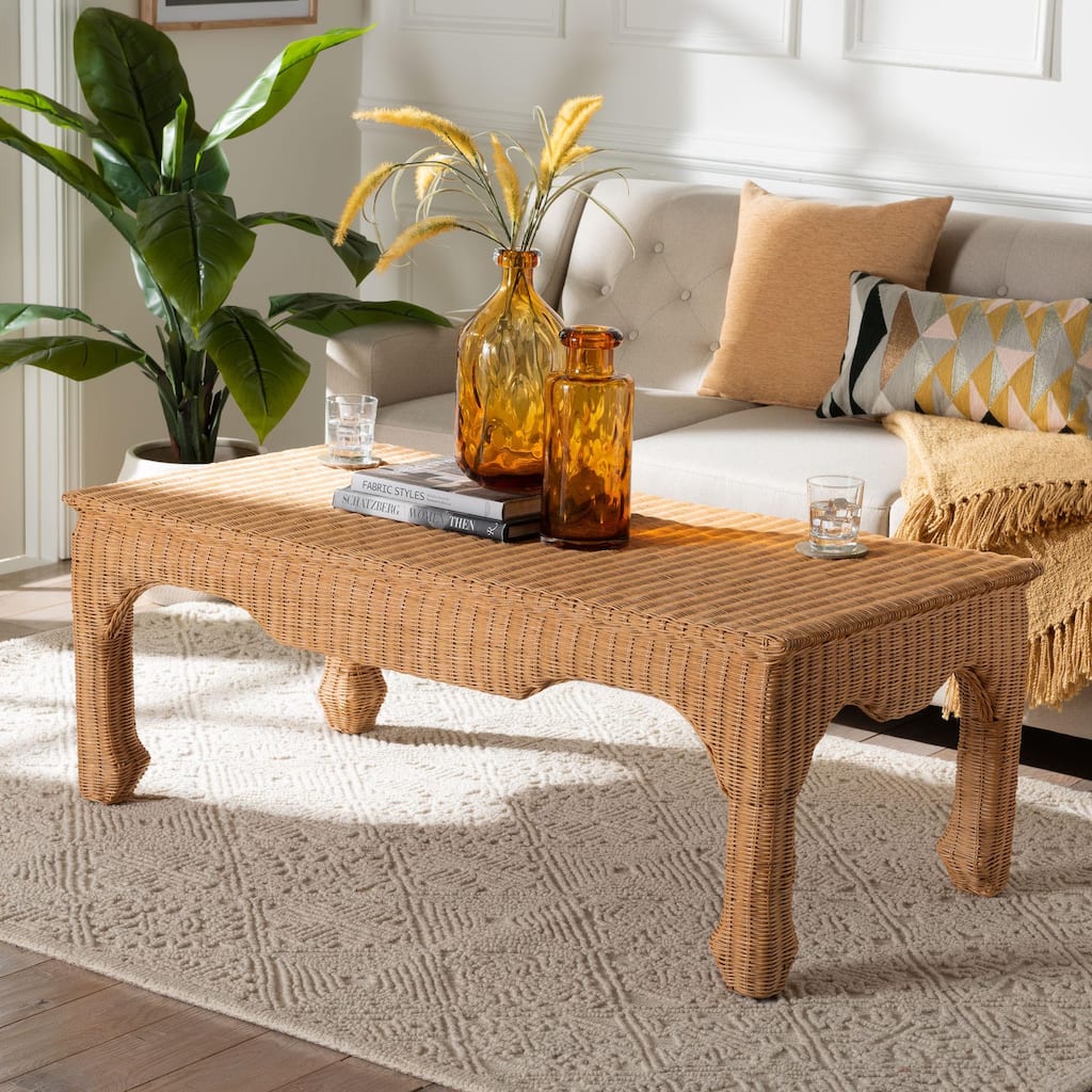 Abena Ming Style Rattan Coffee Table - Rectangular Boho Chic Accent Table for Living Room, Family Room, or Sunroom
