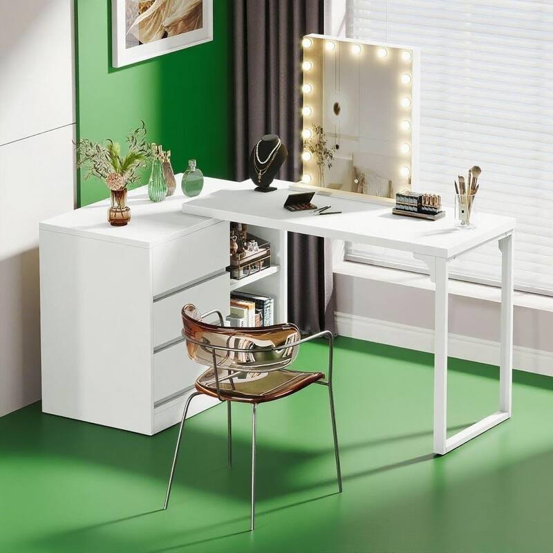 White L-Shaped Computer Desk with Storage Cabinet and 3 Drawers Shelves and Reversible Design - 39.37”L x 31.5”W x 30.50”H