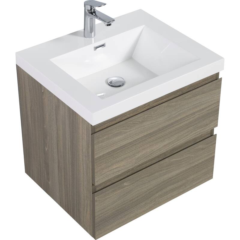 35.5-Inch Floating Bathroom Vanity with Glossy Resin Sink, Ash Grey Color, Wall-Mounted Design, 2 Drawers