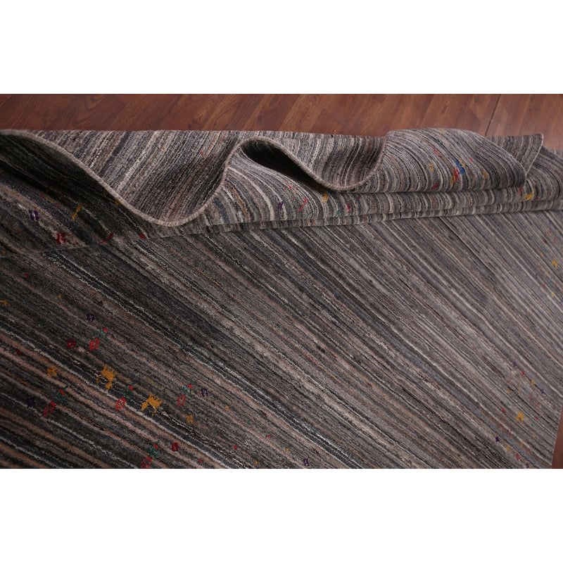 Striped Tribal Gabbeh Indian Square Area Rug Hand-Knotted Wool Carpet - 7'7"x 8'0"