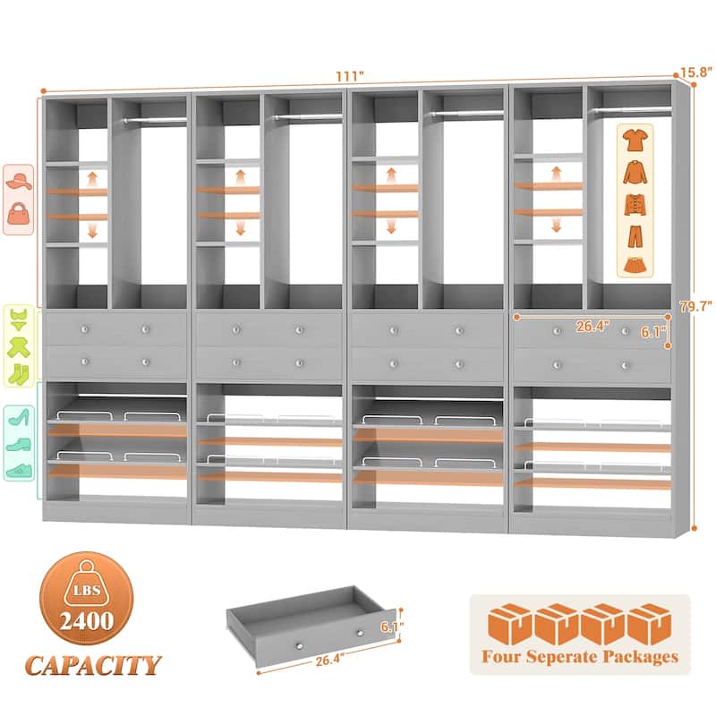 27.7'' Closet Organizer with Shoe Racks and Drawers, Closet System with Hanging Rod and Adjustable Shelves