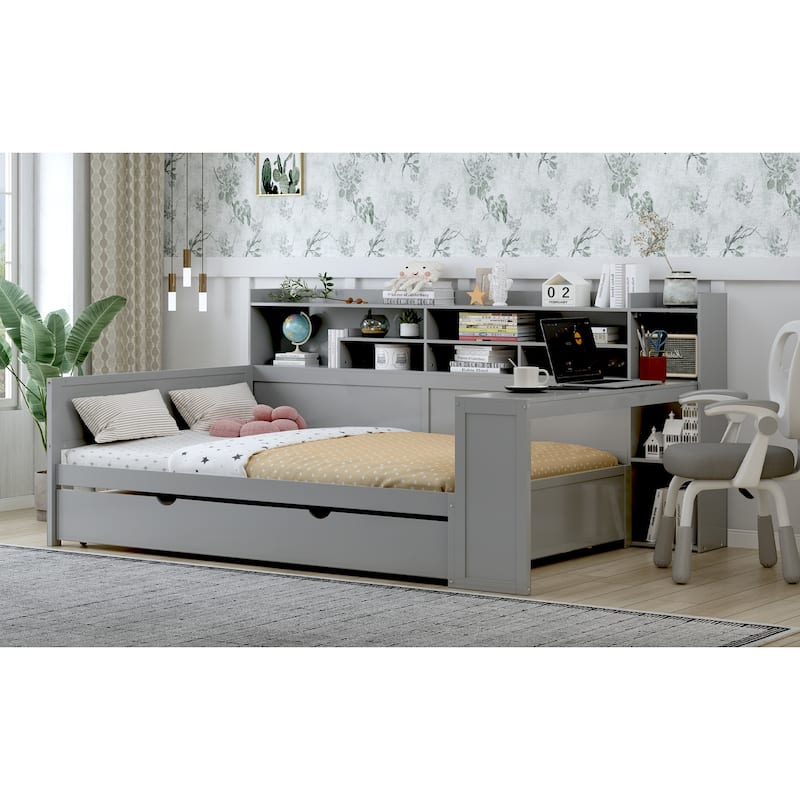 Full Size Wood Daybed with Twin Trundle, Study Desk and Storage Shelves