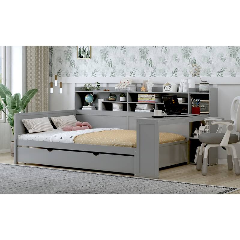 Multi-functional Gray Wooden Daybed with Storage Shelves, Twin Trundle Bed, and Study Desk