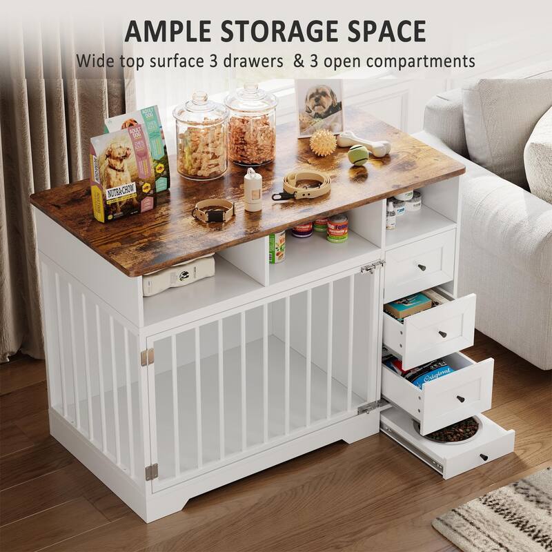 48" Farmhouse Dog Crate Furniture, with Bowl and Storage Drawers