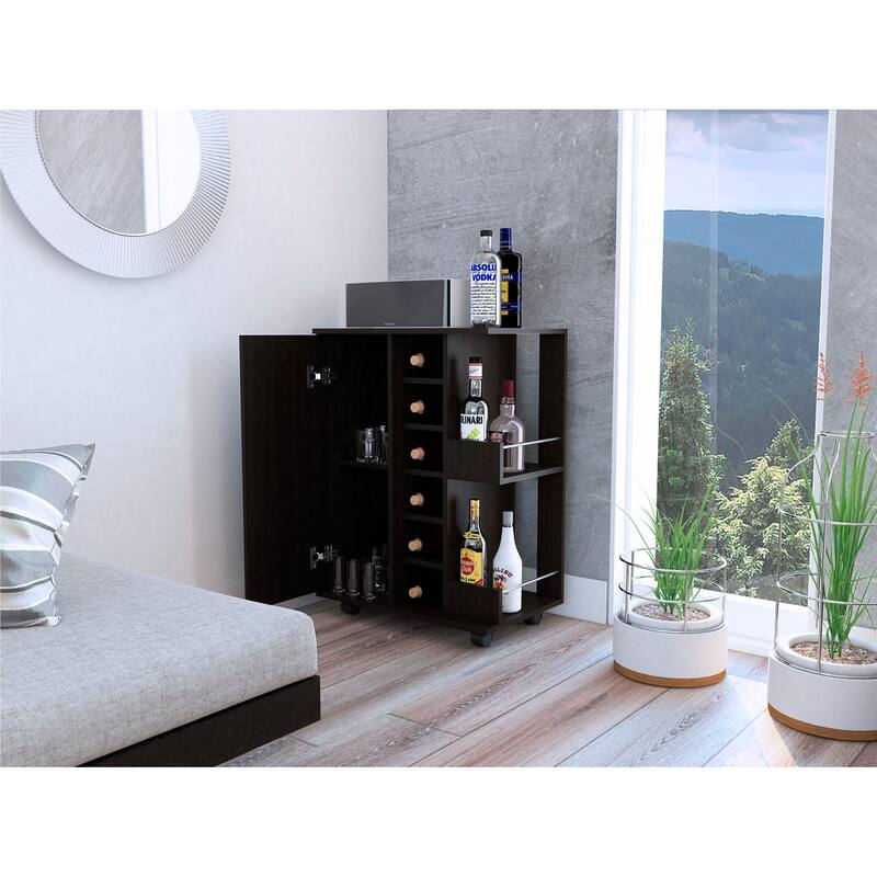 Bar Cart, Four Casters, Six Wine Cubbies, Single Door Cabinet